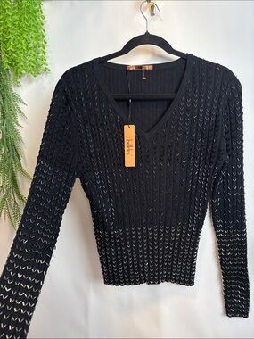 Belldini Black V-Neck Pointelle Sweater